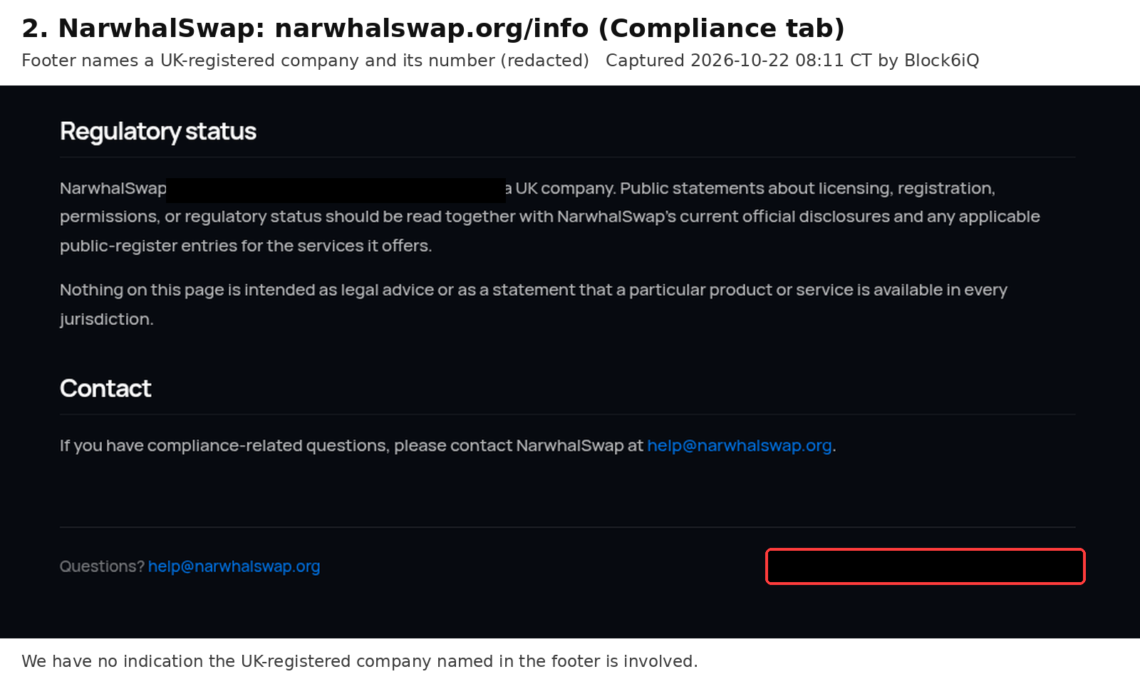 NarwhalSwap /info compliance page, Regulatory status section and footer, company name and number blacked out