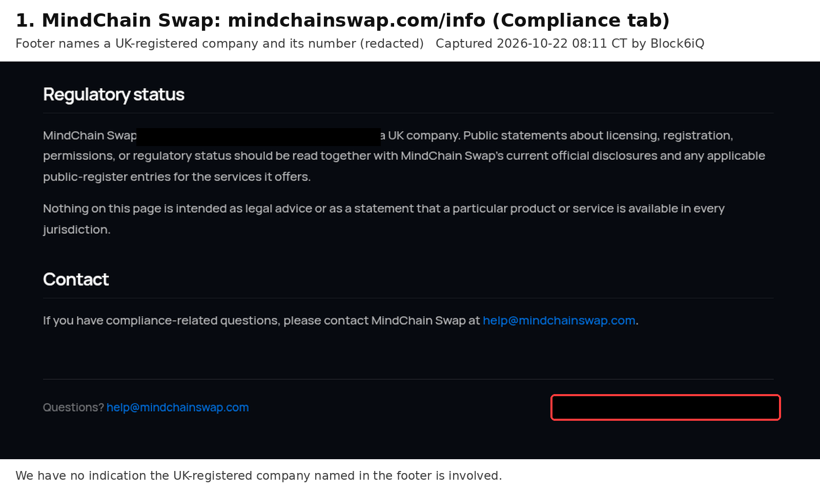 MindChain Swap /info compliance page, Regulatory status section and footer, company name and number blacked out