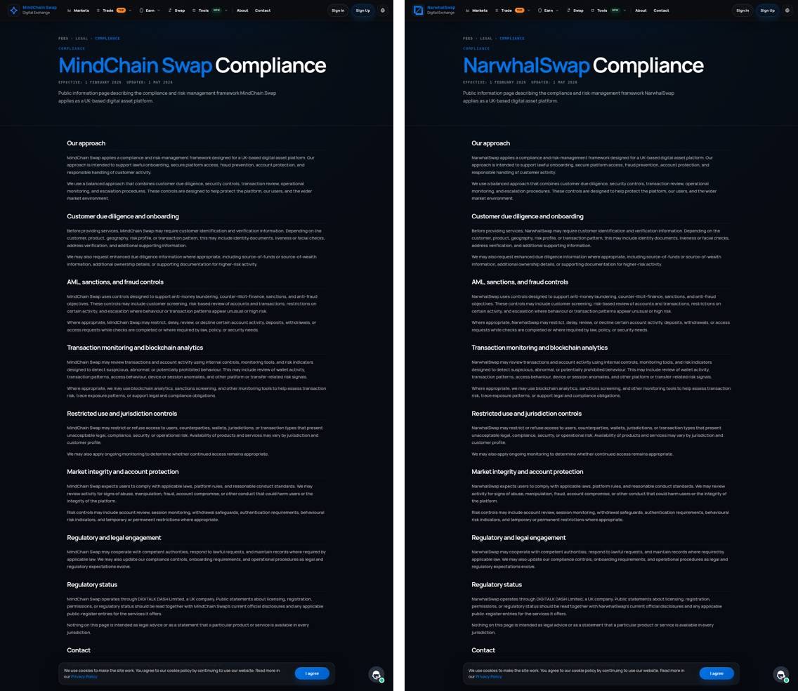 MindChain Swap and NarwhalSwap /info compliance sections side by side