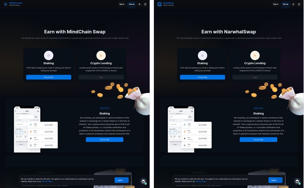 MindChain Swap and NarwhalSwap /earn pages side by side