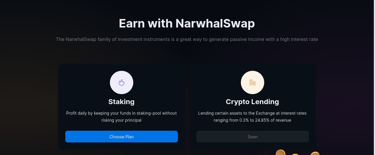 NarwhalSwap /earn page offering staking without risking your principal